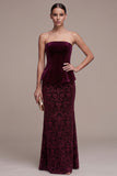 Vestido de veludo Maxi Jacquard Blush Sem Alças Borgonha