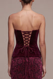 Vestido de veludo Maxi Jacquard Blush Sem Alças Borgonha