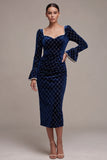 Vestido Midi Veludo Midi de Pérolas Azul Azul Real com Mangas Largas