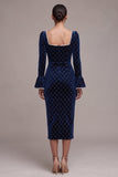 Vestido Midi Veludo Midi de Pérolas Azul Azul Real com Mangas Largas