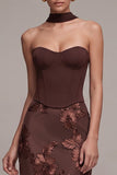Espartilho de café com bainha Aplicações florais sem alças Vestido Maxi Formal