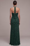 Vestido formal Maxi Verde Escuro com Cabeçada Verde Escura, Missangas e Franzidas