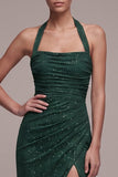 Vestido formal Maxi Verde Escuro com Cabeçada Verde Escura, Missangas e Franzidas