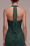 Vestido formal Maxi Verde Escuro com Cabeçada Verde Escura, Missangas e Franzidas