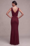 Vestido formal Maxi com gola de sereia bordô e contas