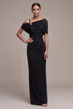 Vestido formal Maxi preto, assimétrico, ombro caído e franzido Maxi Formal