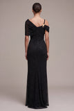 Vestido formal Maxi preto, assimétrico, ombro caído e franzido Maxi Formal