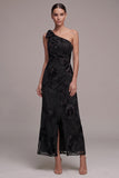Vestido Formal Maxi Maxi Com Folha Preta de Bainha e Ombro Único