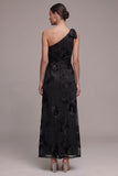 Vestido Formal Maxi Maxi Com Folha Preta de Bainha e Ombro Único