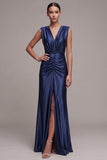 Vestido formal longo com decote em V, decote em V, com fenda frontal e bainha azul-marinho