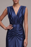 Vestido formal longo com decote em V, decote em V, com fenda frontal e bainha azul-marinho
