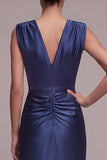Vestido formal longo com decote em V, decote em V, com fenda frontal e bainha azul-marinho
