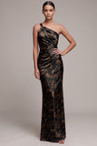 Vestido formal Maxi de cetim estampado com um ombro preto