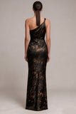 Vestido formal Maxi de cetim estampado com um ombro preto