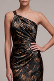 Vestido formal Maxi de cetim estampado com um ombro preto