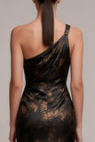 Vestido formal Maxi de cetim estampado com um ombro preto