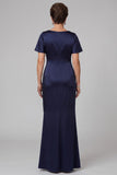 Vestido de Mãe da Noiva com gola azul azul-marinho com gola enbainhada, decote ondulado e franzido