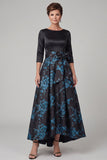 Vestido de mãe da noiva preto, decote em linha A com estampado de 3/4 mangas, Maxi Mother of the Boy, com laço