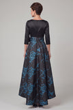 Vestido de mãe da noiva preto, decote em linha A com estampado de 3/4 mangas, Maxi Mother of the Boy, com laço