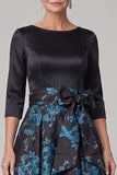Vestido de mãe da noiva preto, decote em linha A com estampado de 3/4 mangas, Maxi Mother of the Boy, com laço
