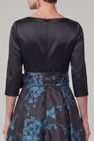 Vestido de mãe da noiva preto, decote em linha A com estampado de 3/4 mangas, Maxi Mother of the Boy, com laço