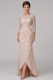 Vestido de mãe da noiva com bainha champanhe de decote redondo 3/4 de renda, alto e baixo de chiffon Maxi