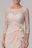 Vestido de mãe da noiva com bainha champanhe de decote redondo 3/4 de renda, alto e baixo de chiffon Maxi