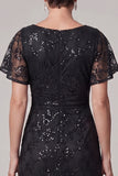Vestido Midi Mãe da Noiva preto com decote bato, linha A, com lantejoulas franzidas