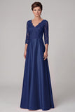 Azul-marinho, decote em V, mangas 3/4 de cetim, vestido comprido de mãe da noiva com renda