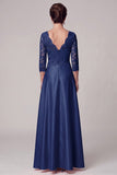 Azul-marinho, decote em V, mangas 3/4 de cetim, vestido comprido de mãe da noiva com renda