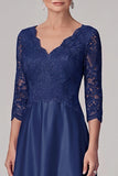 Azul-marinho, decote em V, mangas 3/4 de cetim, vestido comprido de mãe da noiva com renda
