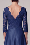 Azul-marinho, decote em V, mangas 3/4 de cetim, vestido comprido de mãe da noiva com renda