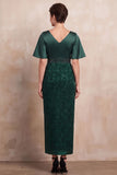 Vestido de mãe da noiva Midi com decote em V e decote em V verde escuro com bordas