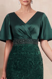 Vestido de mãe da noiva Midi com decote em V e decote em V verde escuro com bordas