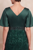Vestido de mãe da noiva Midi com decote em V e decote em V verde escuro com bordas