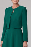 Vestido de Mãe da Noiva verde-escuro, decote redondo, comprimento chá, com Bolero