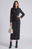 Vestido de trabalho midi preto de gola aos quadrados de duas peças, mangas compridas,