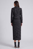 Vestido de trabalho midi preto de gola aos quadrados de duas peças, mangas compridas,