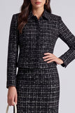 Vestido de trabalho midi preto de gola aos quadrados de duas peças, mangas compridas,