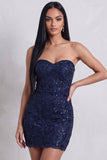 Vestido de cocktail curto de bordado floral sem alças Corpins Bodycon Bodycon Azul-Marinho