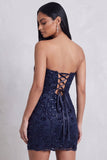 Vestido de cocktail curto de bordado floral sem alças Corpins Bodycon Bodycon Azul-Marinho