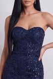 Vestido de cocktail curto de bordado floral sem alças Corpins Bodycon Bodycon Azul-Marinho