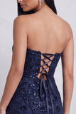 Vestido de cocktail curto de bordado floral sem alças Corpins Bodycon Bodycon Azul-Marinho