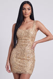 Vestido de cocktail curto de lantejoulas com gola quadrada Golden Bodycon