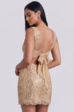 Vestido de cocktail curto de lantejoulas com gola quadrada Golden Bodycon