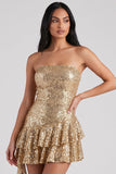 Vestido de cocktail curto com lantejoulas, bodycon sem alças dourado, com folhos e lantejoulas