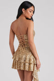 Vestido de cocktail curto com lantejoulas, bodycon sem alças dourado, com folhos e lantejoulas