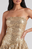 Vestido de cocktail curto com lantejoulas, bodycon sem alças dourado, com folhos e lantejoulas
