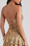 Vestido de cocktail curto com lantejoulas, bodycon sem alças dourado, com folhos e lantejoulas