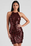 Vestido de cocktail curto com lantejoulas Bodycon Short, Lantejoulas Borgonha, com franjas
